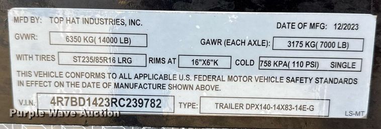 image for item EG2587 2024 Top Hat Industries DPX140 dump trailer