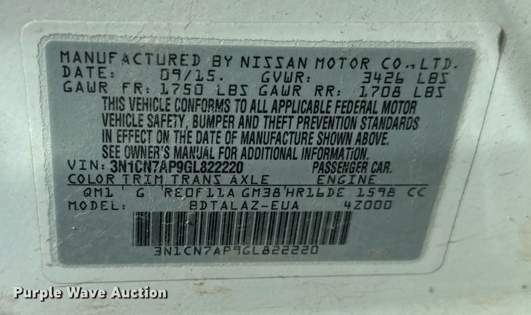 image for item EQ1079 2016 Nissan Versa 