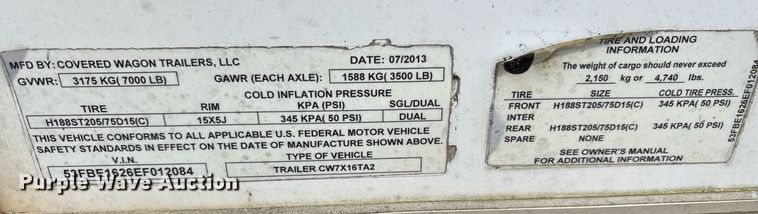 image for item EY9993 2014 Covered Wagon CW7X16TA2 enclosed cargo trailer