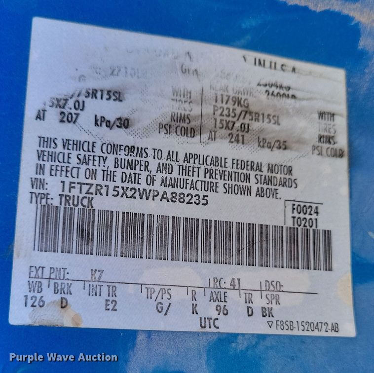 image for item NB9856 1998 Ford Ranger XLT SuperCab pickup truck