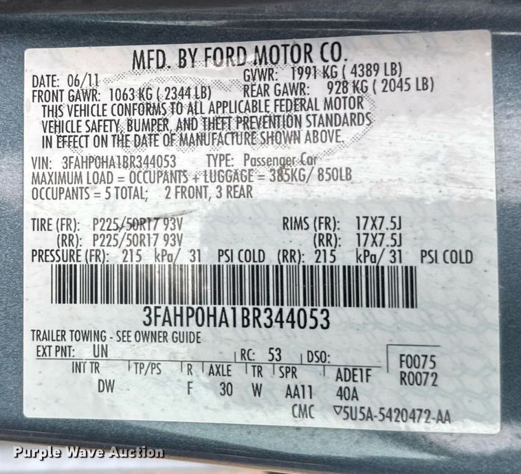 image for item NN9641 2011 Ford Fusion 
