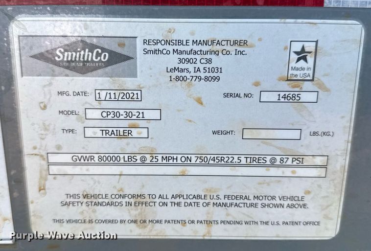 image for item DQ6649 2021 Smithco CP30-30-21 side dump trailer