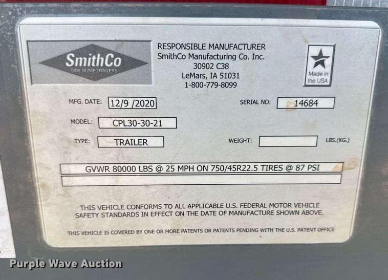 image for item DQ6650 2021 Smithco CPL30-30-21 side dump trailer