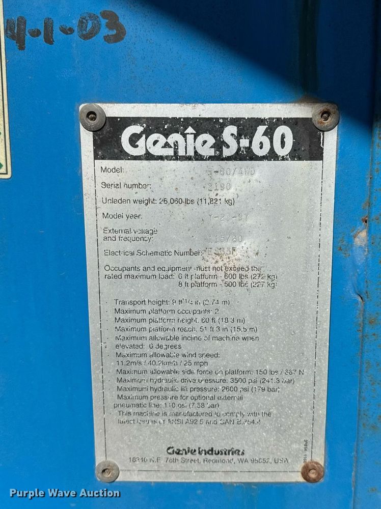image for item DU3318 1997 Genie S60 boom lift