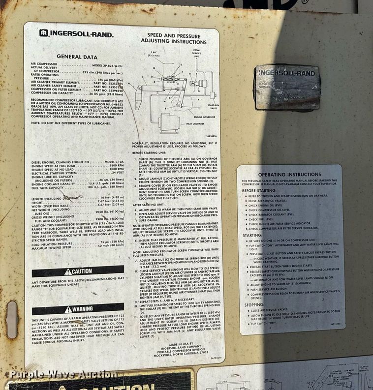 image for item DU3321 Ingersoll Rand 825 air compressor
