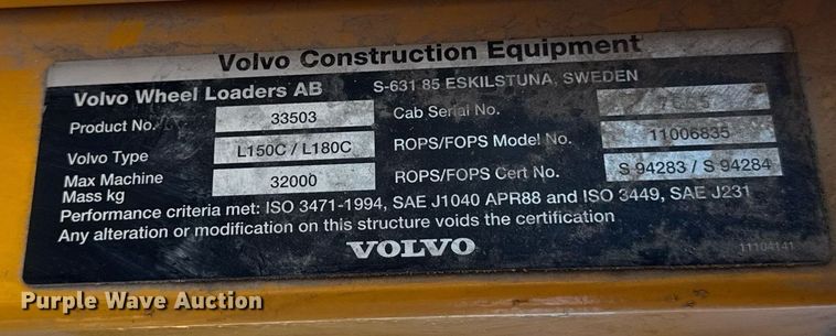 image for item DU3328 1999 Volvo L180C wheel loader