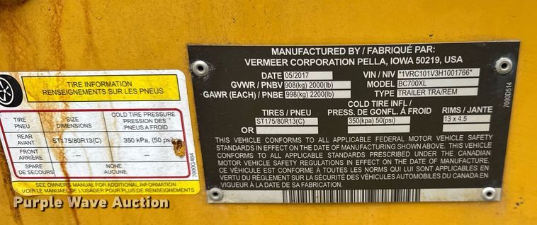 image for item DU3352 2017 Vermeer BC700XL wood chipper