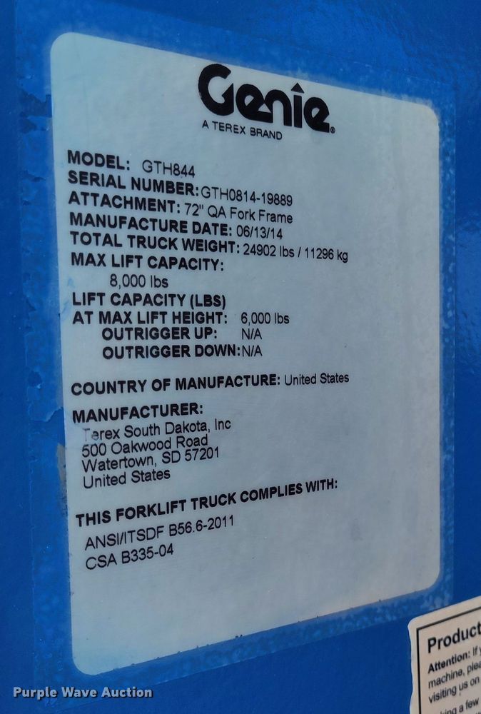 image for item DV6697 2014 Genie  GTH844 telehandler