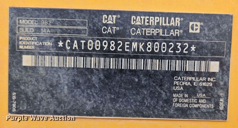 image for item DW1813 2022 Caterpillar 982 wheel loader