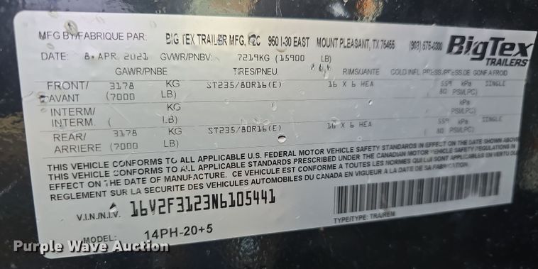 image for item DW3170 2022 BigTex 14PH-20+5 equipment trailer