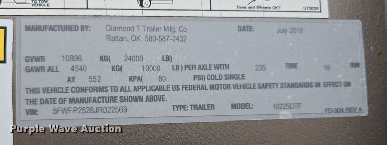 image for item DW3185 2018 Diamond T 10225DTF equipment trailer