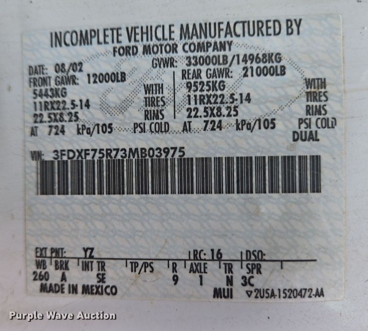 image for item EC4018 2003 Ford F750 Super Duty XLT water truck