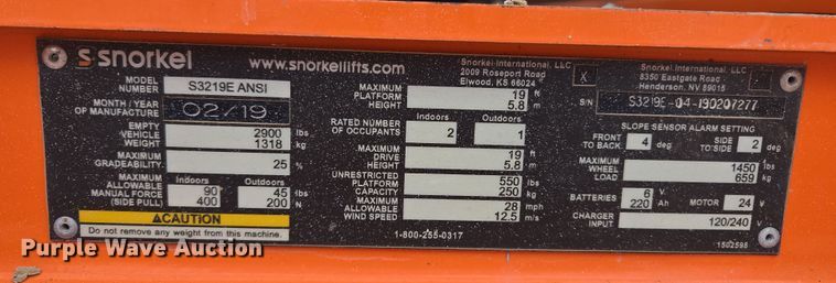 image for item ED2485 2019 Snorkel S3219E scissor lift