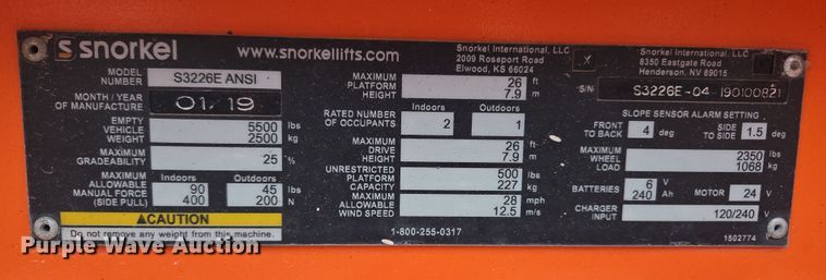 image for item ED2486 2019 Snorkel S3226E scissor lift