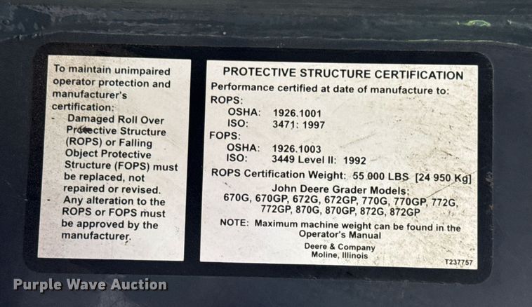 image for item ED5530 2015 John Deere 872GP motor grader