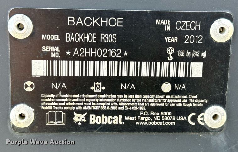 image for item EJ3489 2012 Bobcat R30S skid steer backhoe