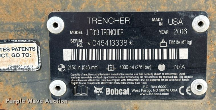 image for item EJ3490 2016 Bobcat LT313 Trencher skid steer trencher