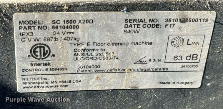 image for item EN5140 2017 Nilfisk SC1500 X20D Ecoflex floor scrubber