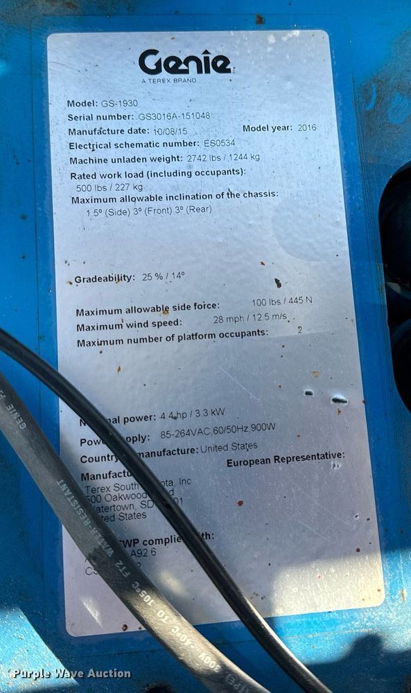 image for item EN5142 2016 Genie GS-1930 scissor lift