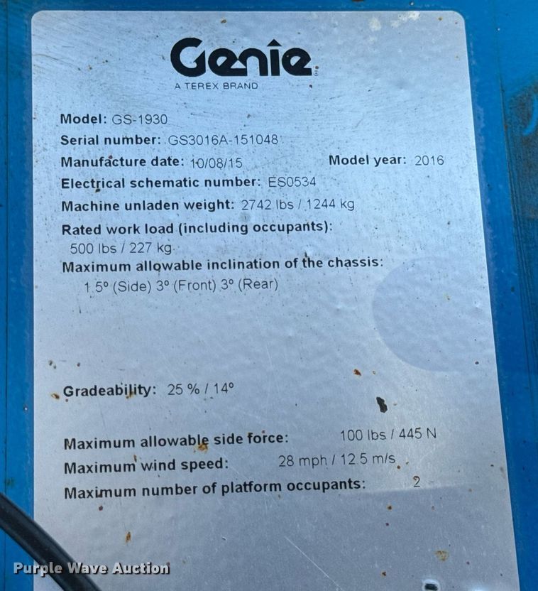 image for item EN5142 2016 Genie GS-1930 scissor lift