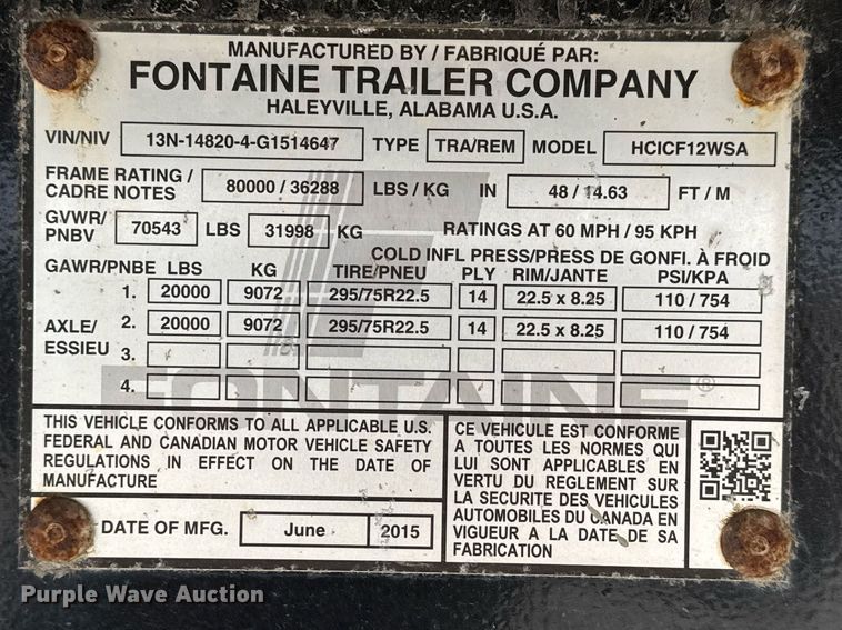 image for item EQ1009 2016 Fontaine HCICF12WSA flatbed trailer
