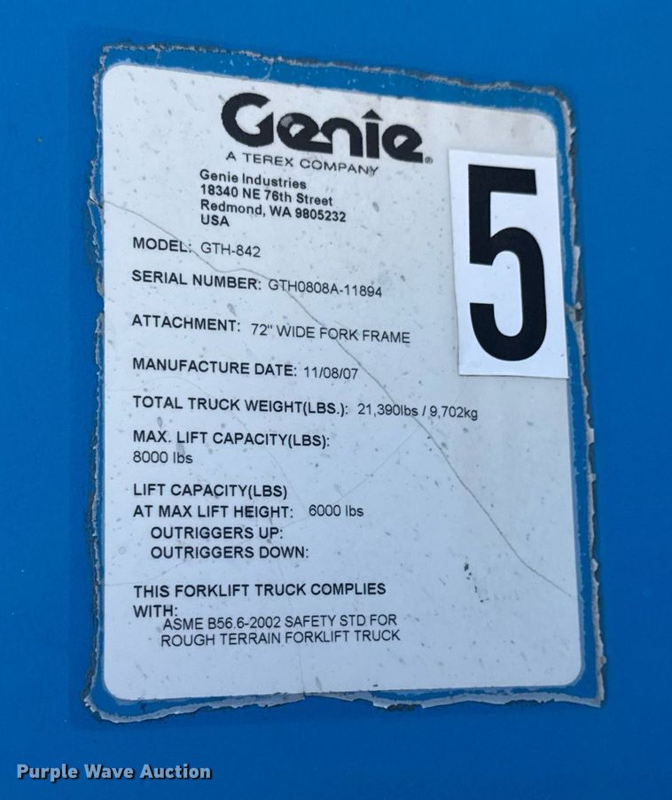 image for item EQ1095 2007 Genie GTH-842 telehandler