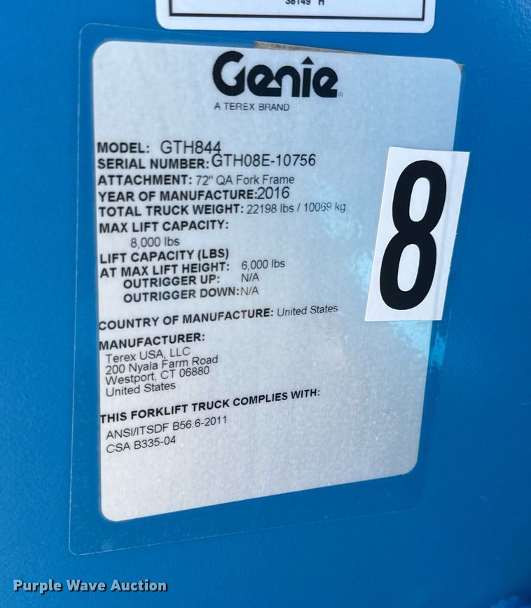 image for item EQ1097 2016 Genie GTH-844 telehandler