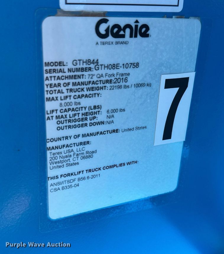 image for item EQ1098 2016 Genie GTH-844 telehandler
