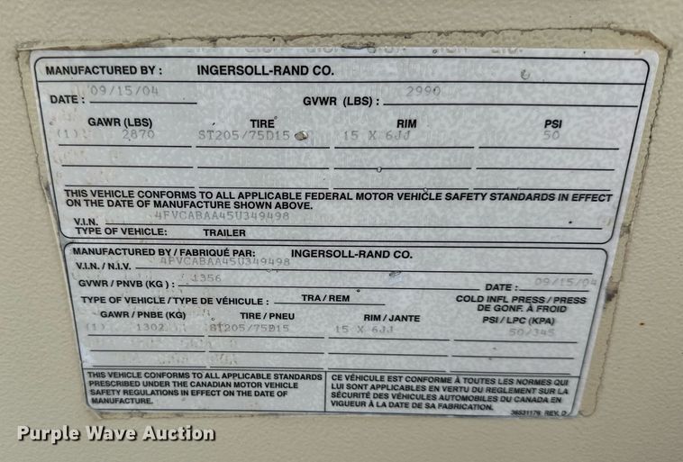 image for item EQ6604 2005 Ingersoll Rand 185 air compressor