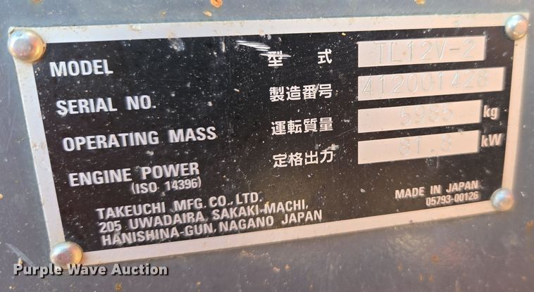 image for item ER5152 2018 Takeuchi TL12V-2 tracked skid steer loader