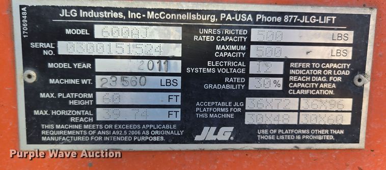 image for item ER5165 2011 JLG 600AJ boom lift