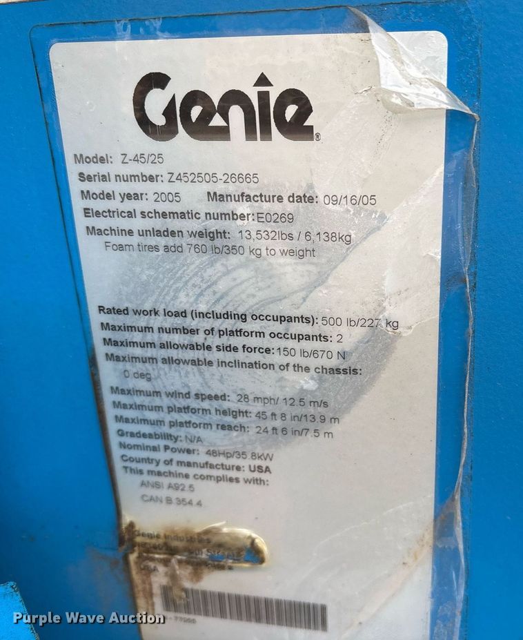 image for item EY9996 2005 Genie Z-45/25 boom lift