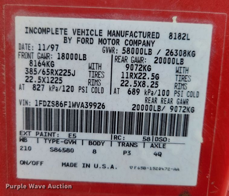 image for item NB9849 1998 Ford LT8513 dump truck