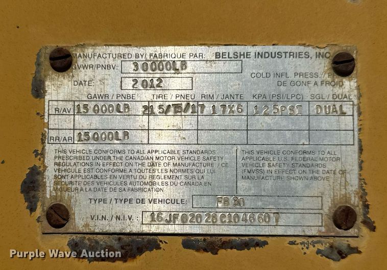 image for item DM5587 2012 Belshe FB30 equipment trailer