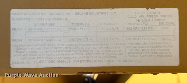 image for item DM5587 2012 Belshe FB30 equipment trailer