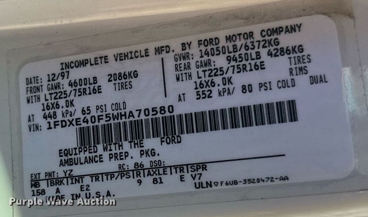 image for item DN0800 1998 Ford E450 ambulance