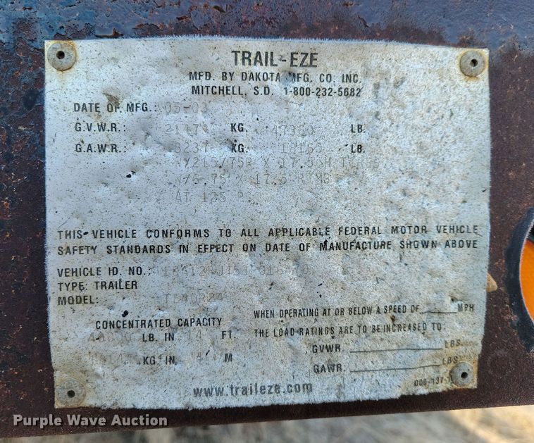 image for item DN3689 2003 Dakota Manufacturing Trail- Eze TE40R24 equipment trailer