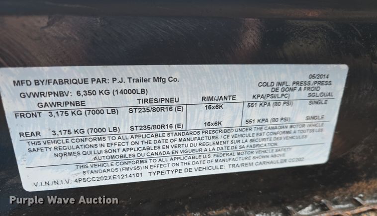 image for item DO7820 2014 PJ CC202 equipment trailer