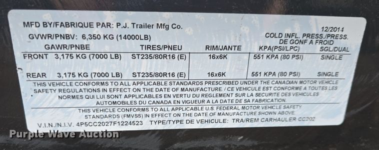 image for item DO7821 2015 PJ CC202 equipment trailer