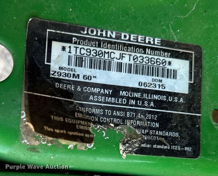 image for item DQ6693 2015 John Deere Z930M ZTR lawn mower