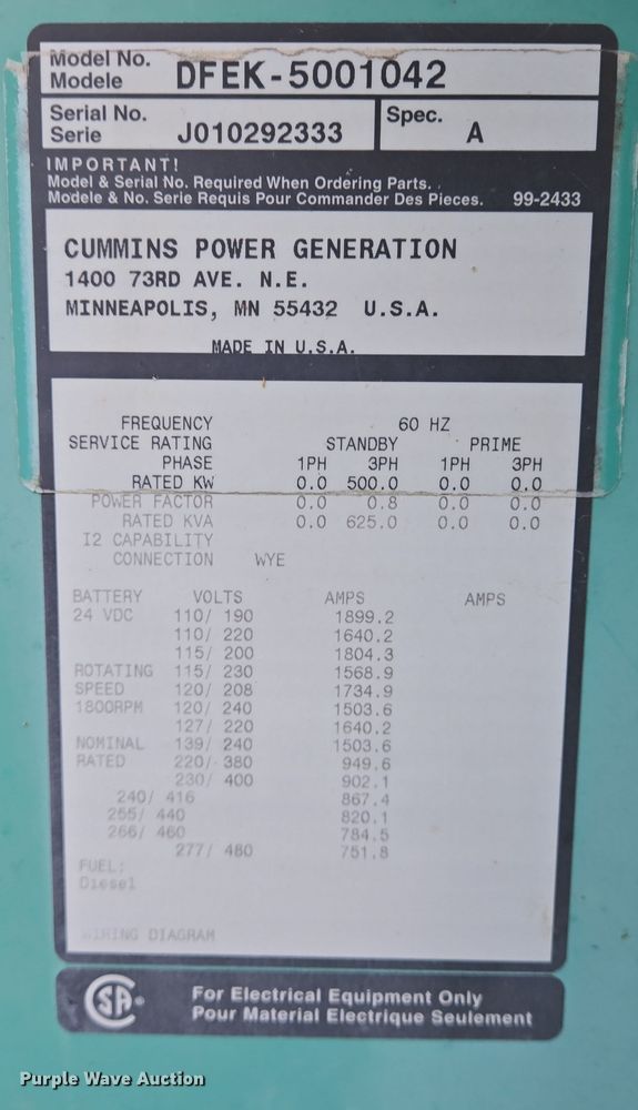 image for item DV1314 Onan DFEK-5001042 generator