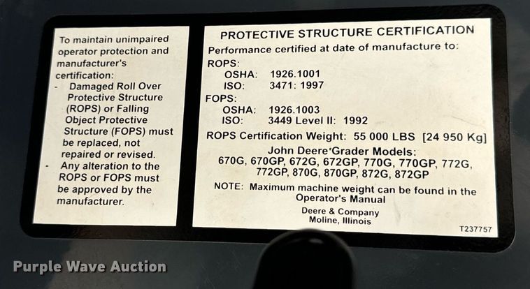 image for item DV1849 2016 John Deere 672G motor grader