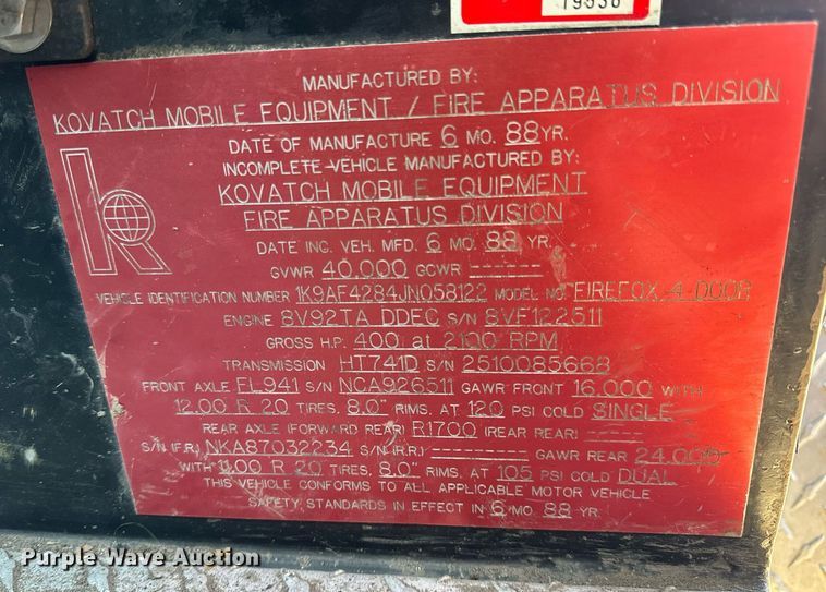 image for item EN5116 1988 Kovatch  Firefox 4 Door pumper fire truck