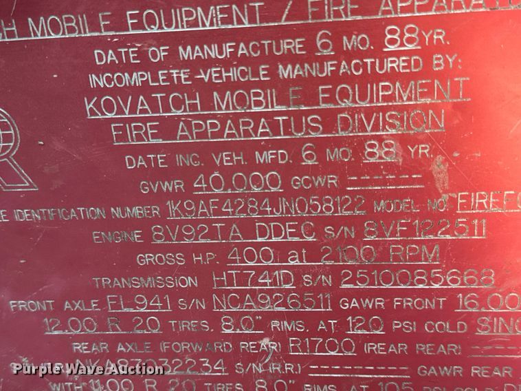 image for item EN5116 1988 Kovatch  Firefox 4 Door pumper fire truck