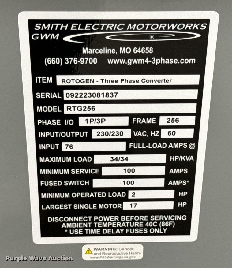 image for item EN5191 Smith Electric Motorworks RTG256 rotary three phase converter
