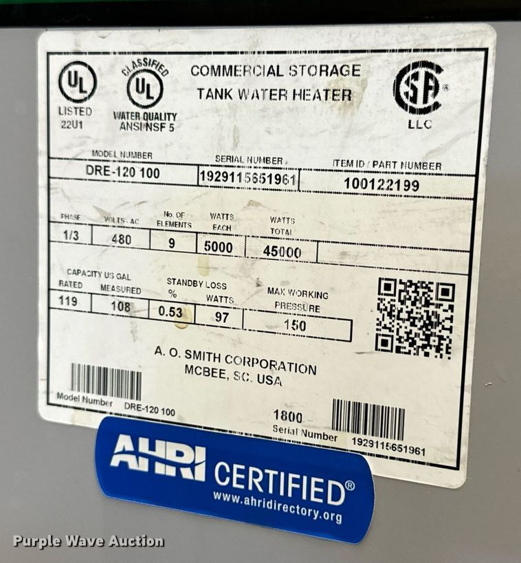 image for item EN5194 AO Smith DRE-120 100 commercial water heater