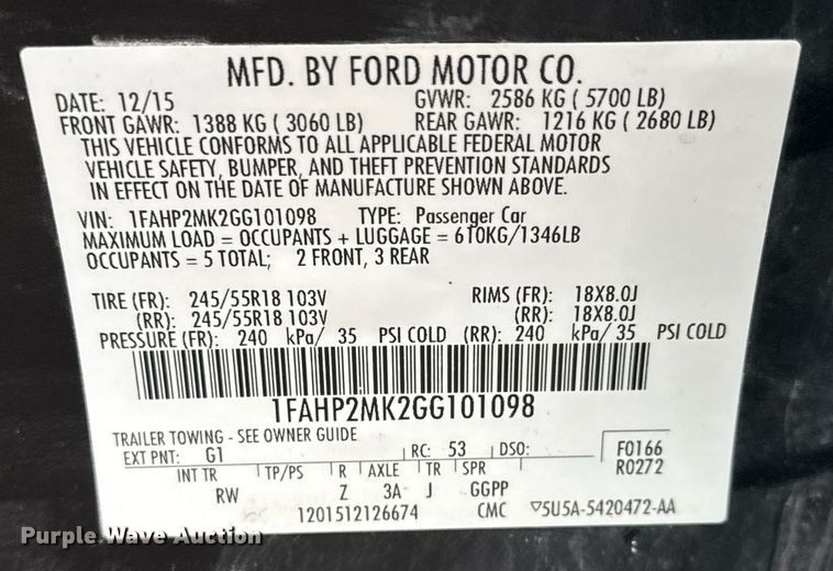 image for item EQ1135 2016 Ford Taurus Police Interceptor 