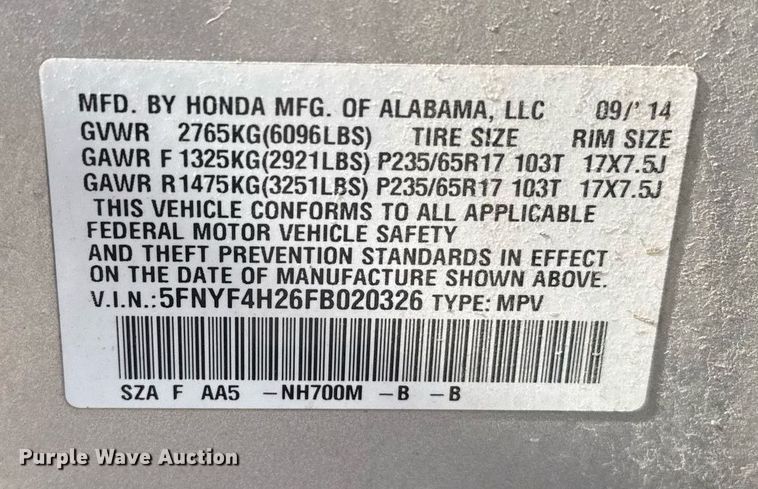 image for item NN9596 2015 Honda Pilot SUV
