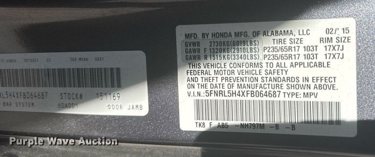 image for item NN9597 2015 Honda Odyssey van