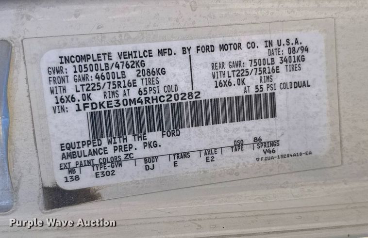 image for item NN9634 1994 Ford E350 ambulance